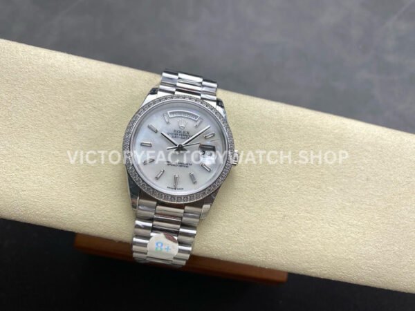 8+ Factory Counterweight Rolex Day-Date 128349RBR-0049 36mm Diamond Bezel White Gold Baguette Diamond Mother Of Pearl Dial