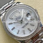 8+ Factory Counterweight Rolex Day-Date 128349RBR-0049 36mm Diamond Bezel White Gold Baguette Diamond Mother Of Pearl Dial