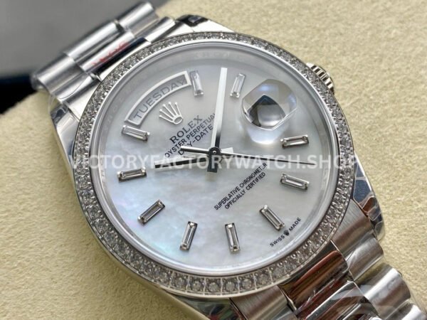 8+ Factory Counterweight Rolex Day-Date 128349RBR-0049 36mm Diamond Bezel White Gold Baguette Diamond Mother Of Pearl Dial