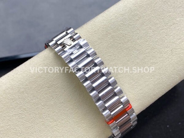 8+ Factory Counterweight Rolex Day-Date 128349RBR-0049 36mm Diamond Bezel White Gold Baguette Diamond Mother Of Pearl Dial
