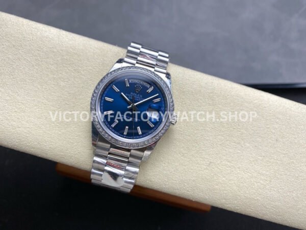 8+ Factory Counterweight Rolex Day-Date 128349RBR-0051 36mm Diamond Bezel White Gold Baguette Diamond Blue Dial
