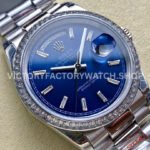 8+ Factory Counterweight Rolex Day-Date 128349RBR-0051 36mm Diamond Bezel White Gold Baguette Diamond Blue Dial