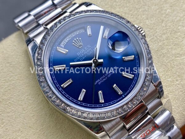 8+ Factory Counterweight Rolex Day-Date 128349RBR-0051 36mm Diamond Bezel White Gold Baguette Diamond Blue Dial