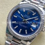 8+ Factory Counterweight Rolex Day-Date 128349RBR-0051 36mm Diamond Bezel White Gold Baguette Diamond Blue Dial