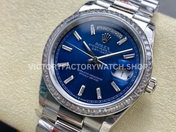 8+ Factory Counterweight Rolex Day-Date 128349RBR-0051 36mm Diamond Bezel White Gold Baguette Diamond Blue Dial