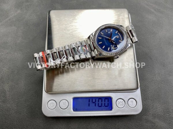 8+ Factory Counterweight Rolex Day-Date 128349RBR-0051 36mm Diamond Bezel White Gold Baguette Diamond Blue Dial