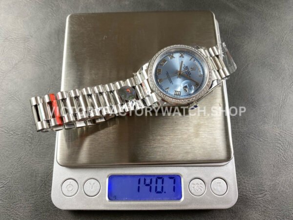8+ Factory Counterweight Rolex Day-Date 128396TBR 36mm Diamond Bezel Full Platinum Roman Numerals Ice Blue Dial