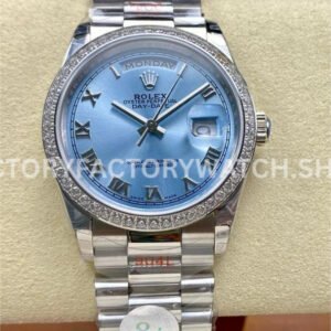 8+ Factory Counterweight Rolex Day-Date 128396TBR 36mm Diamond Bezel Full Platinum Roman Numerals Ice Blue Dial