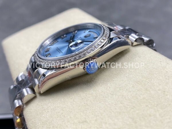 8+ Factory Counterweight Rolex Day-Date 128396TBR 36mm Diamond Bezel Full Platinum Roman Numerals Ice Blue Dial