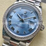 8+ Factory Counterweight Rolex Day-Date 128396TBR 36mm Diamond Bezel Full Platinum Roman Numerals Ice Blue Dial