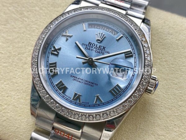 8+ Factory Counterweight Rolex Day-Date 128396TBR 36mm Diamond Bezel Full Platinum Roman Numerals Ice Blue Dial