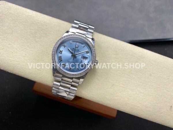 8+ Factory Counterweight Rolex Day-Date 128396TBR 36mm Diamond Bezel Full Platinum Roman Numerals Ice Blue Dial