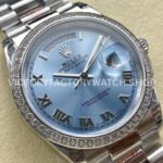 8+ Factory Counterweight Rolex Day-Date 128396TBR 36mm Diamond Bezel Full Platinum Roman Numerals Ice Blue Dial