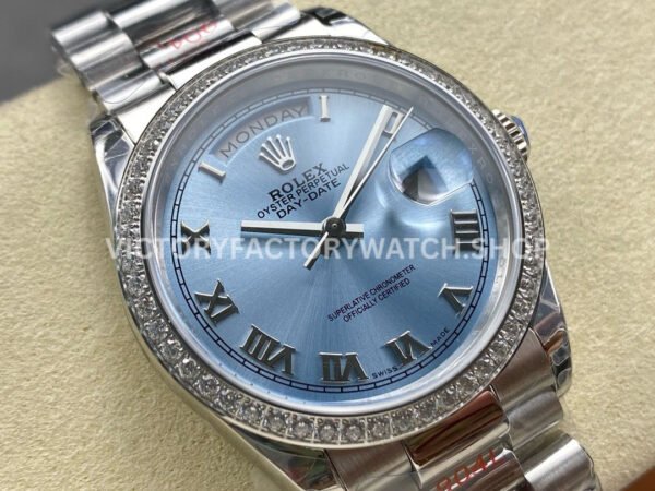 8+ Factory Counterweight Rolex Day-Date 128396TBR 36mm Diamond Bezel Full Platinum Roman Numerals Ice Blue Dial