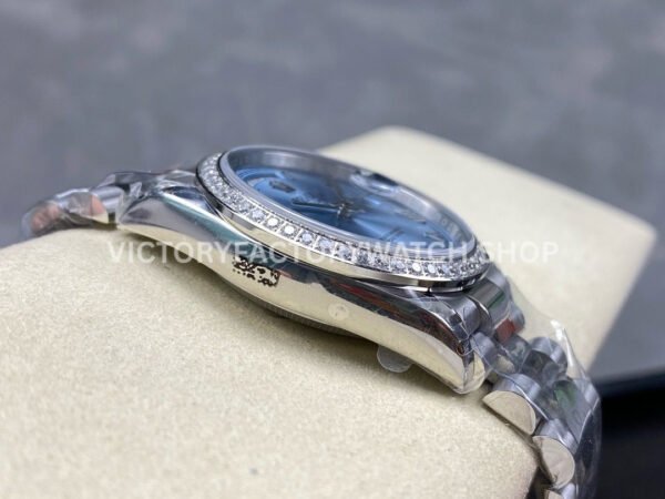 8+ Factory Counterweight Rolex Day-Date 128396TBR 36mm Diamond Bezel Full Platinum Roman Numerals Ice Blue Dial