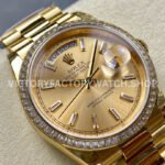 8+ Factory Counterweight Rolex Day-Date 128398TBR-0037 36mm Diamond Bezel Full Yellow Gold Baguette Diamond Champagne Dial