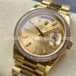 8+ Factory Counterweight Rolex Day-Date 128398TBR-0037 36mm Diamond Bezel Full Yellow Gold Baguette Diamond Champagne Dial