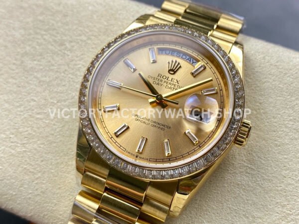 8+ Factory Counterweight Rolex Day-Date 128398TBR-0037 36mm Diamond Bezel Full Yellow Gold Baguette Diamond Champagne Dial
