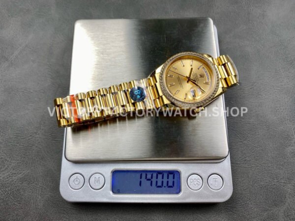 8+ Factory Counterweight Rolex Day-Date 128398TBR-0037 36mm Diamond Bezel Full Yellow Gold Baguette Diamond Champagne Dial