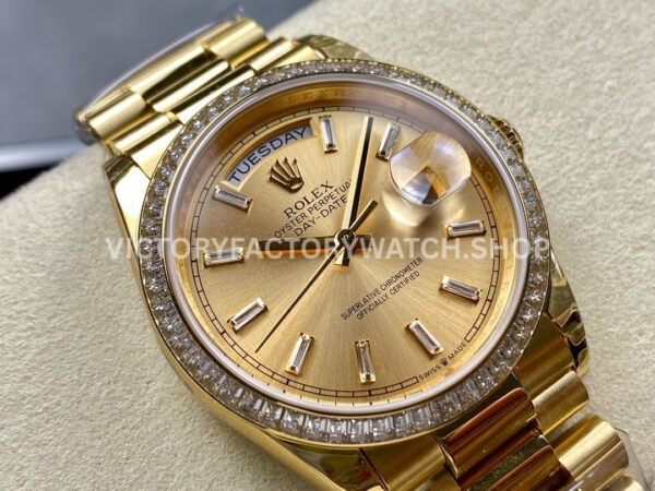 8+ Factory Counterweight Rolex Day-Date 128398TBR-0037 36mm Diamond Bezel Full Yellow Gold Baguette Diamond Champagne Dial