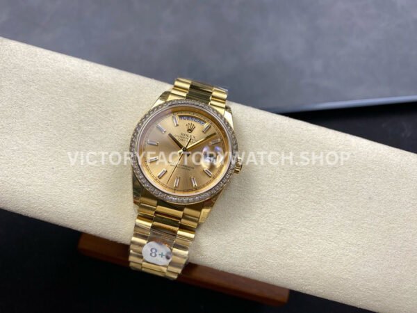 8+ Factory Counterweight Rolex Day-Date 128398TBR-0037 36mm Diamond Bezel Full Yellow Gold Baguette Diamond Champagne Dial