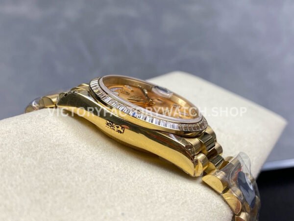 8+ Factory Counterweight Rolex Day-Date 128398TBR-0037 36mm Diamond Bezel Full Yellow Gold Baguette Diamond Champagne Dial