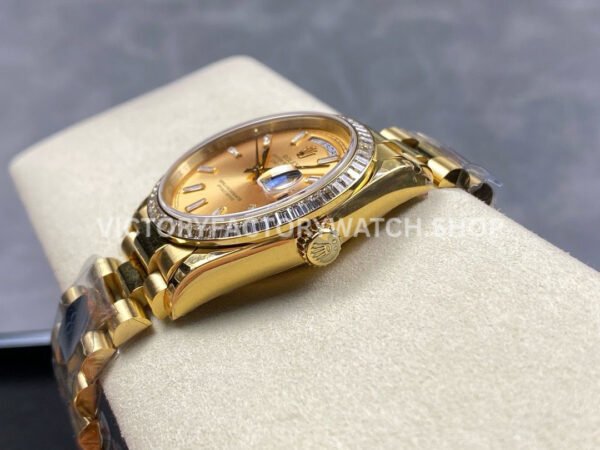 8+ Factory Counterweight Rolex Day-Date 128398TBR-0037 36mm Diamond Bezel Full Yellow Gold Baguette Diamond Champagne Dial