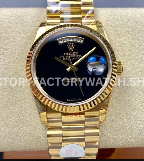 8+ Factory Counterweight Rolex Day-Date 18038 36mm Full Yellow Gold Black Dial (3) 8+ Factory Rolex Day-Date 18038 replica watch 36mm