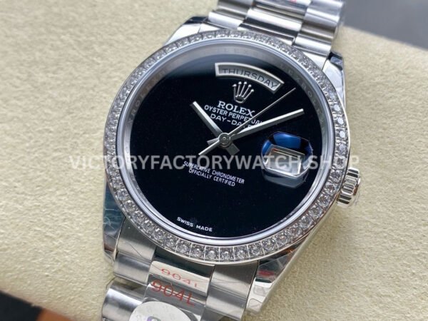 8+ Factory Counterweight Rolex Day-Date 18209 36mm Diamond Bezel Full White Gold Black Dial (4) 8+ Factory Counterweight Rolex Day-Date 18309 36mm Diamond Bezel Full White Gold Black Dial
