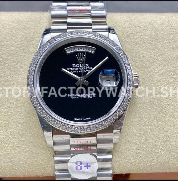 8+ Factory Counterweight Rolex Day-Date 18209 36mm Diamond Bezel Full White Gold Black Dial (9) 8+ Factory Rolex Day-Date 18209 white gold replica watch