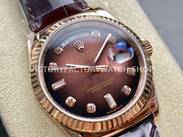 8+ Factory Counterweight Rolex Day-Date 36mm 128235-0037 Rose (6) 8+ Factory Counterweight Rolex Day-Date 36mm 128235-0037 Rose Gold Crocodile Leather Strap Diamond Mope&Baguette Diamond Brown Ombré Dial
