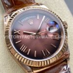 8+ Factory Counterweight Rolex Day-Date 36mm 128235-0075 Rose Gold Crocodile Leather Strap Roman Numerals Brown Ombré Dial