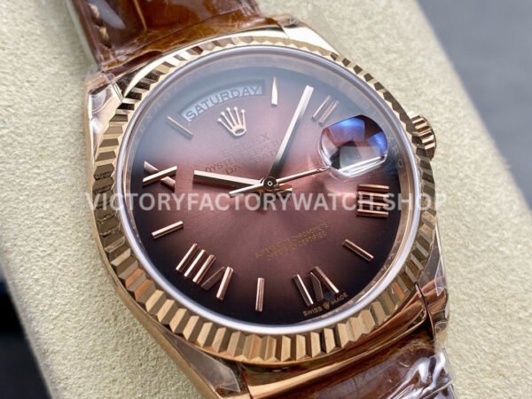 8+ Factory Counterweight Rolex Day-Date 36mm 128235-0075 Rose Gold Crocodile Leather Strap Roman Numerals Brown Ombré Dial