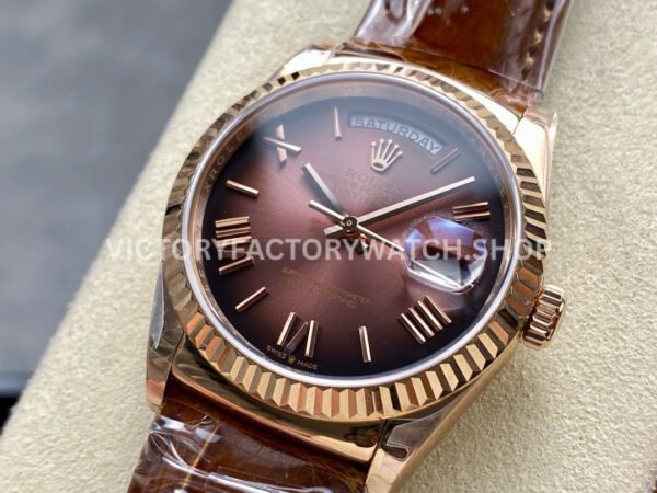8+ Factory Counterweight Rolex Day-Date 36mm 128235-0075 Rose Gold Crocodile Leather Strap Roman Numerals Brown Ombré Dial