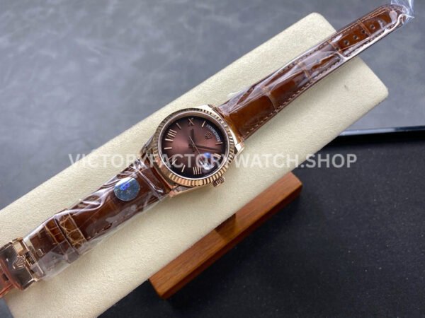 8+ Factory Counterweight Rolex Day-Date 36mm 128235-0075 Rose Gold Crocodile Leather Strap Roman Numerals Brown Ombré Dial