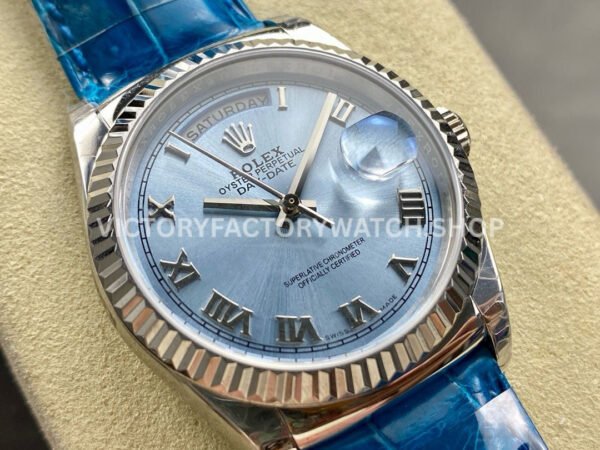 8+ Factory Counterweight Rolex Day-Date 36mm 128236-0008 White Gold Crocodile (5) 8+ Factory Counterweight Rolex Day-Date 36mm 128236-0008 Platinum Crocodile Leather Strap Roman Numerals Ice Blue Dial