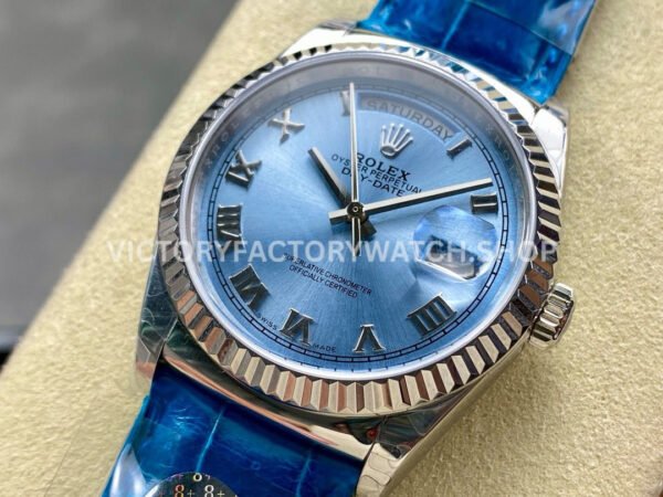 8+ Factory Counterweight Rolex Day-Date 36mm 128236-0008 White Gold Crocodile (7) 8+ Factory Counterweight Rolex Day-Date 36mm 128236-0008 Platinum Crocodile Leather Strap Roman Numerals Ice Blue Dial