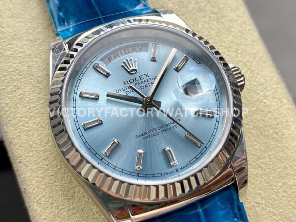 8+ Factory Counterweight Rolex Day-Date 36mm 128236-0009 White Gold Crocodil (5) 8+ Factory Counterweight Rolex Day-Date 36mm 128236-0009 Platinum Crocodile Leather Strap Baguette Diamond Ice Blue Dial