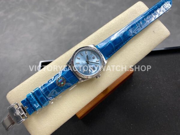 8+ Factory Counterweight Rolex Day-Date 36mm 128236-0009 White Gold Crocodil 8+ Factory Counterweight Rolex Day-Date 36mm 128236-0009 Platinum Crocodile Leather Strap Baguette Diamond Ice Blue Dial