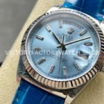 8+ Factory Counterweight Rolex Day-Date 36mm 128236-0009 White Gold Crocodil (7) 8+ Factory Counterweight Rolex Day-Date 36mm 128236-0009 Platinum Crocodile Leather Strap Baguette Diamond Ice Blue Dial
