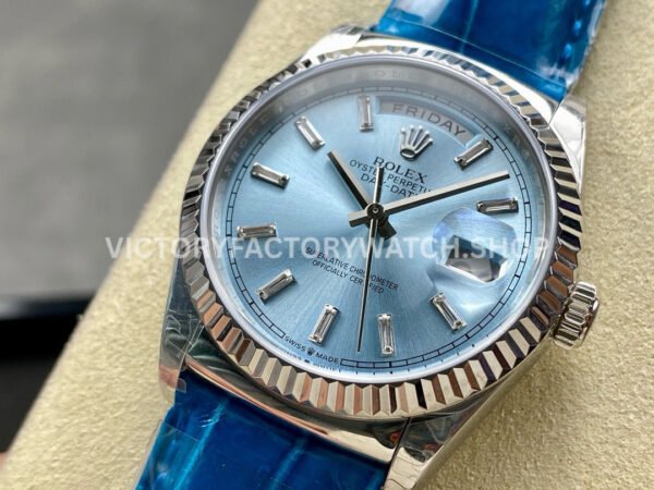 8+ Factory Counterweight Rolex Day-Date 36mm 128236-0009 White Gold Crocodil (7) 8+ Factory Counterweight Rolex Day-Date 36mm 128236-0009 Platinum Crocodile Leather Strap Baguette Diamond Ice Blue Dial