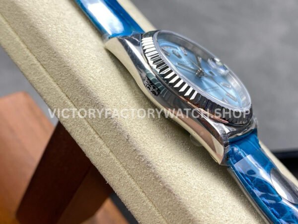 8+ Factory Counterweight Rolex Day-Date 36mm 128236-0009 White Gold Crocodil (9) 8+ Factory Counterweight Rolex Day-Date 36mm 128236-0009 Platinum Crocodile Leather Strap Baguette Diamond Ice Blue Dial
