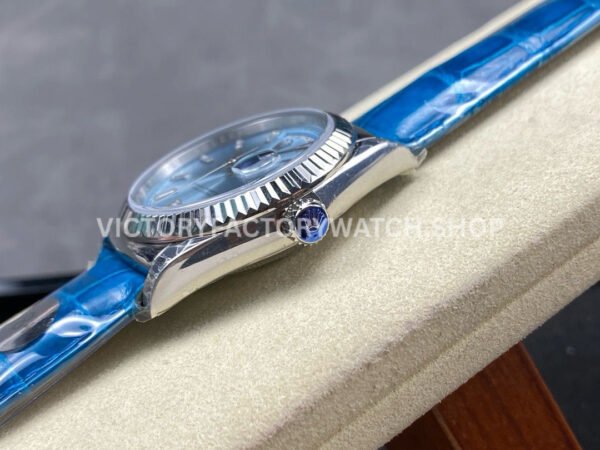 8+ Factory Counterweight Rolex Day-Date 36mm 128236-0009 White Gold Crocodile (1) 8+ Factory Counterweight Rolex Day-Date 36mm 128236-0009 Platinum Crocodile Leather Strap Baguette Diamond Ice Blue Dial
