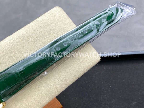 8+ Factory Counterweight Rolex Day-Date 36mm 128238-0069 Yellow Gold Crocodile Leather Strap Diamond Mope Baguette Diamond Green Ombré Dial