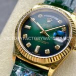 8+ Factory Counterweight Rolex Day-Date 36mm 128238-0069 Yellow Gold Crocodile Leather Strap Diamond Mope Baguette Diamond Green Ombré Dial