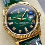 8+ Factory Counterweight Rolex Day-Date 36mm 128238-0069 Yellow Gold Crocodile Leather Strap Diamond Mope Baguette Diamond Green Ombré Dial