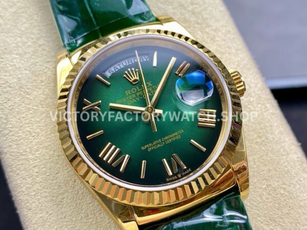 8+ Factory Counterweight Rolex Day-Date 36mm 128238-0118 Yellow Gold Crocodile Leather Strap Roman Numerals Green Ombré Dial