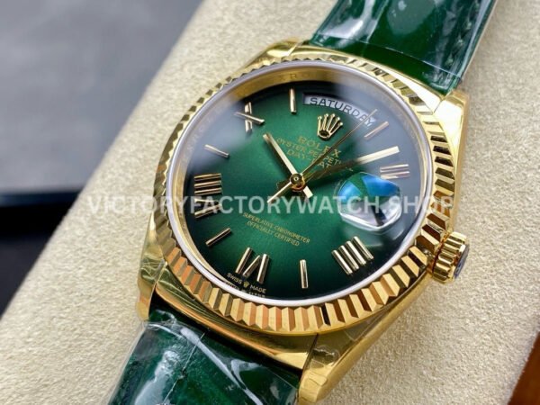 8+ Factory Counterweight Rolex Day-Date 36mm 128238-0118 Yellow Gold Crocodile Leather Strap Roman Numerals Green Ombré Dial