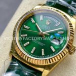 8+ Factory Counterweight Rolex Day-Date 36mm 128238-0130 Yellow Gold Crocodile Leather Strap Baguette Diamond Green Dial