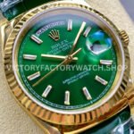 8+ Factory Counterweight Rolex Day-Date 36mm 128238-0130 Yellow Gold Crocodile Leather Strap Baguette Diamond Green Dial